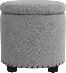 Home Decor | Upholstered round Storage Ottoman with Nailheads| Ottoman with Stor - Picture 1 of 10