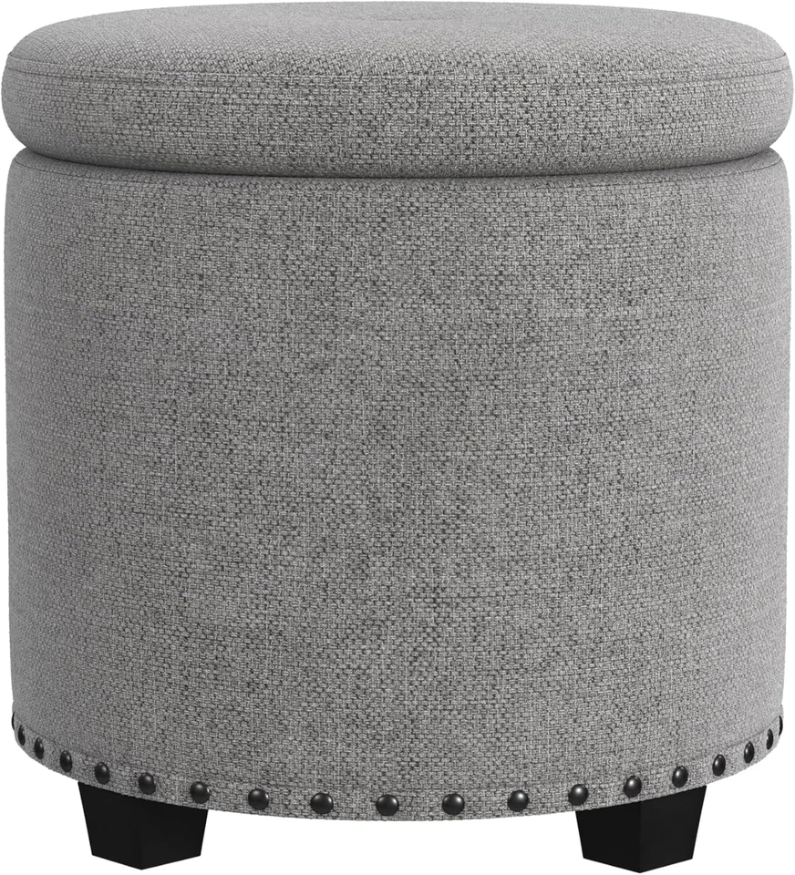 Home Decor | Upholstered round Storage Ottoman with Nailheads| Ottoman with Stor - Image 1 of 4