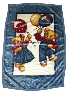 Blue Jean Teddy Vintage Crib Blanket Balloons Plush Boy Girl Bears 30x45” - Picture 1 of 2