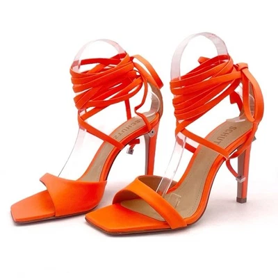 NEW Schutz Bryce Leather Stiletto Sandals Acid Orange Lace-Up Sandals Size 5.5 - Image 1 of 4