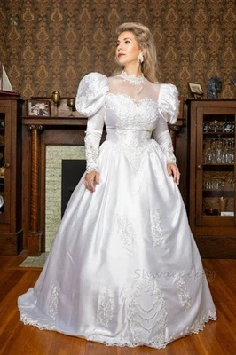 Vintage Puff Long Sleeves Wedding Dresses Illusion Neck Open Back Bow White - Image 1 of 4