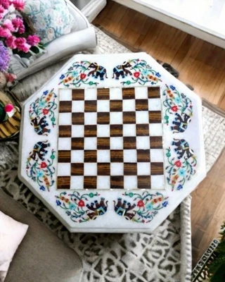 White Marble Chess Table with Elephant Stone and Semi-Precious Inlay – Handmade - Image 1 of 4