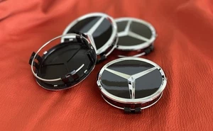 Set Of 4 75mm 2.95" Wheel Rim Center Hub Caps Mercedes Benz Black And Chrome - Picture 1 of 5