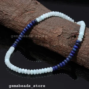 925 Sterling Silver Lapis Lazuli+Aquamarine Gemstone 8-9MM Smooth Necklace 18" - Picture 1 of 9