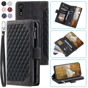 Rhombic Wallet Case,Luxury Leather Zipper Flip Card For Sony Xperia XZ XR XZS - Picture 1 of 44