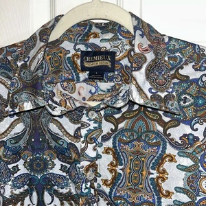 CREMIUEX Premium Denim Shirt Mens L Paisley Floral Blue Button Down Fold Cuff - Picture 1 of 13