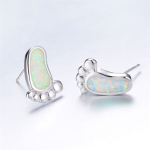 Woman Silver Jewelry White Simulated Opal Feet Charm Dangle Earrings Gift