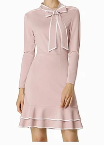 WOMENS Sz M ALLEGRA K BOW TIE NECK PIPED SLIM RUFFLE HEM A-LINE DRESS DUSTY PINK - Picture 1 of 6