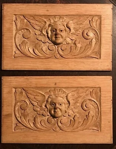 ANTIGUO PAR TALLADO A MANO DE PANELES DE MADERA PUTTI ÁNGEL QUERUBÍN, Siglos XVIII/19 - Imagen 1 de 11