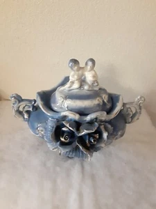 Vtg Ceramic Hand Made Blue Rose Decorative Vase w/Lid and Handles 15" x 12" - Picture 1 of 6
