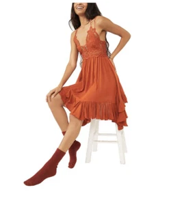 |Free People Intimately One Adella Slip Woman Mini Lace Dress in ochre Sz Small - Picture 1 of 5