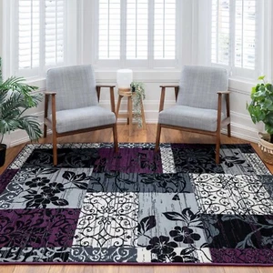 Purple Black Grey Patchwork Rug Soft Floral Living Room Rugs Deep Purple Mat - Picture 1 of 16