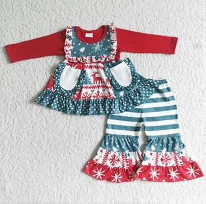 Girls Long Sleeve Pockets Patchwork Tunic Bell Pants Set 2pcs Christmas Outfit - Picture 1 of 1