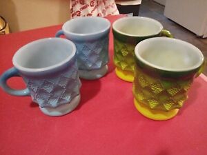 SET OF 4 Vtg Anchor Hocking Fire-King Coffee Cups Mugs Kimberly Diamond Pattern