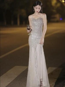 Damen hübsches Pailletten Spaghettiträger Meerjungfrau Abendkleid Cocktail Abschlussball na445 - Bild 1 von 10