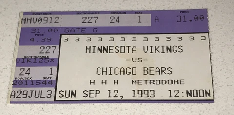 9/12/93 Chicago Bears Vikings Metrodome Ticket Stub Cris Carter Career TD #34 Cover