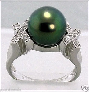 10 mm schwarzer Tahitiperlen-Ring mit Diamanten 18 Karat Weißgold; XO-Stil; Größe 7,5 NEU - Bild 1 von 2
