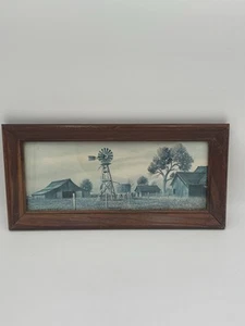 Vintage Framed Farmhouse Print with Windmill & Barns Rustic Country Decor - Picture 1 of 19