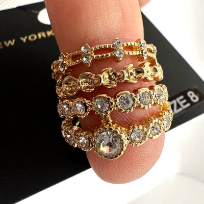 New York & Company Gold Ton White Stone Stack of 3 Size 8 Rings - Image 1 of 4