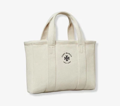 NWT TORY BURCH Mini Mercer Tote Hand Bag Purse Ivory Canvas Black Logo SEALED - Image 1 of 2