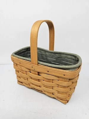 Vintage Longaberger Basket Handwoven USA 2001 Green Fabric Liner Protector Wood - Image 1 of 4