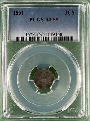 1861 Three Cent Silver, Type 3: Large Star Two Lines - PCGS Graded AU55 - Image 1 of 4