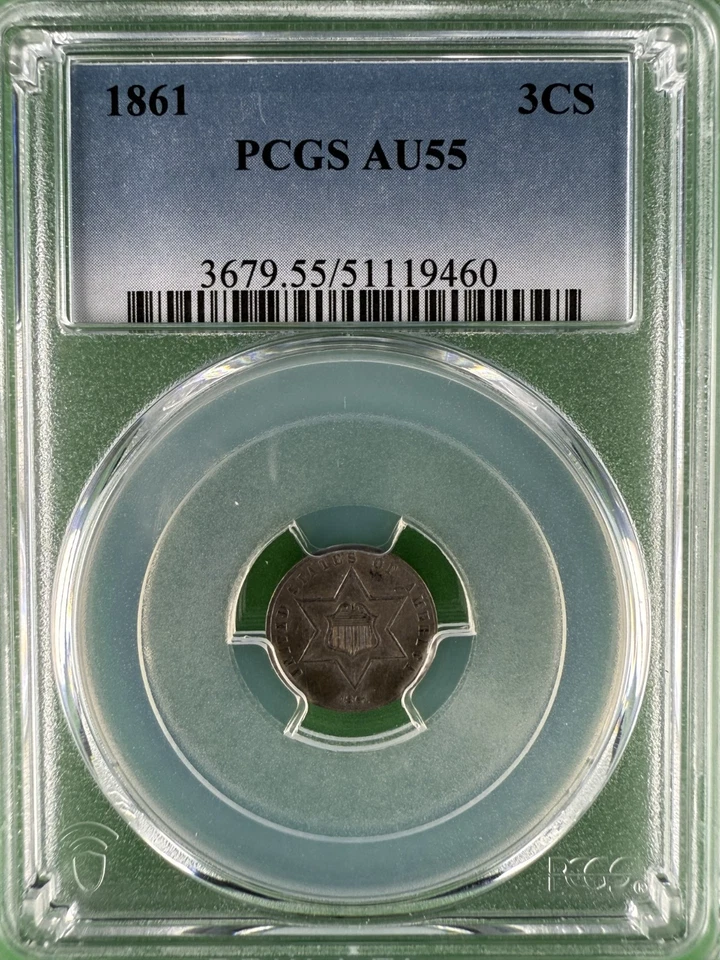 1861 Three Cent Silver, Type 3: Large Star Two Lines - PCGS Graded AU55 - Image 1 of 4