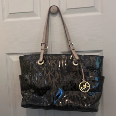 Michael Kors Black Patent Leather Signature MK Gold Logo Shoulder Bag.  - Image 1 of 4
