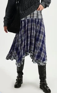 NEW FREE PEOPLE BLUE COMBO WHITESTONE PLAID MIDI SKIRT SZ 2 - Picture 1 of 6