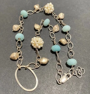 Vintage 925 Sterling Silver Turquoise Pearl Cluster Golden Nugget Chain Necklace - Picture 1 of 6