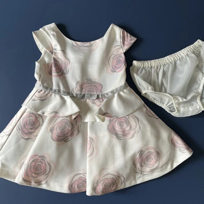 Janie and Jack Rose Floral Ruffle Puffy Dress Pink White Size 12-18 mo. EUC - Image 1 of 4