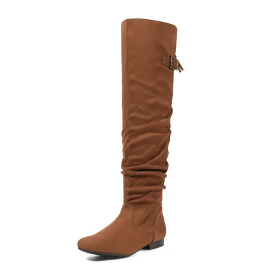Women Over The Knee Boots Thigh High Slouch Suede Low Heel Boots - Image 1 of 4