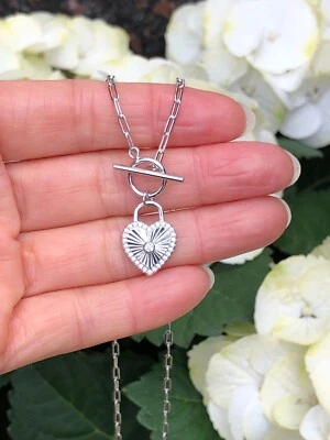 925 Sterling Silver Cz Heart Pendant Paperclip Toggle Necklace Women 17x12mm 17" - Image 1 of 4