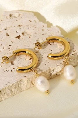 Chunky Gold Freshwater Pearl Drop Hoops, Thick Large Big Huge Everyday Earrings - Image 1 of 4