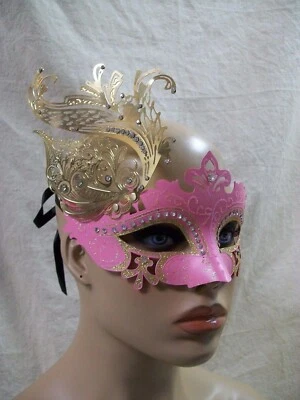 Fancy Pink Eye Mask Gold Metal Feather Filigree Swan Renaissance Masquerade Ball - Image 1 of 4