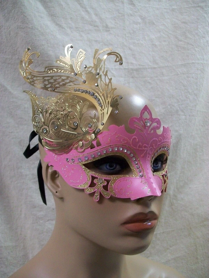 Fancy Pink Eye Mask Gold Metal Feather Filigree Swan Renaissance Masquerade Ball - Image 1 of 4