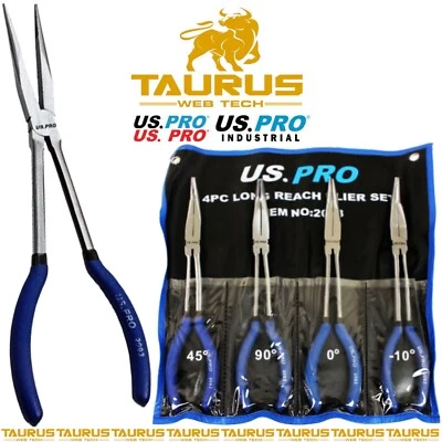 11 Inch US PRO 4Pc Long Reach Pliers Set Wrap Pouch DIY Angle Offset Straight UK - Image 1 of 3