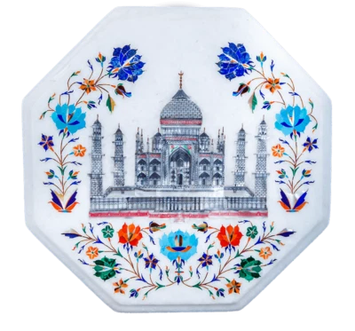 12" Marble side table Inlay semi precious stone Handmade Work Home Decor - Image 1 of 3