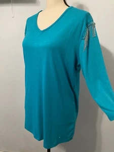 I&B Woman’s Jade T-Shirt Shoulder Chains Detail 3/4 Sleeve V-Neck Size Med NWT - Picture 1 of 14