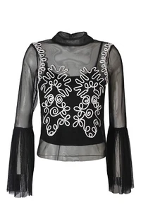 TOPSHOP Black sheer Top Women's black Lace & Bead black bell sleeve Sz Small - Picture 1 of 2
