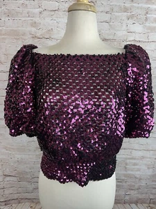 Vintage Partique PINK Sequin Disco Glam Party Studio 54 Puff Sleeve Shirt Top M - Picture 1 of 14