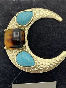 Chicos MOON Faux Turquoise Amber Gold Brooch Pin Chico’s New - Picture 1 of 7