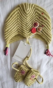 NEW Catamini Green Knitted Winter Hat Bonnet And Attached Mittens Pink Baby Girl - Picture 1 of 2
