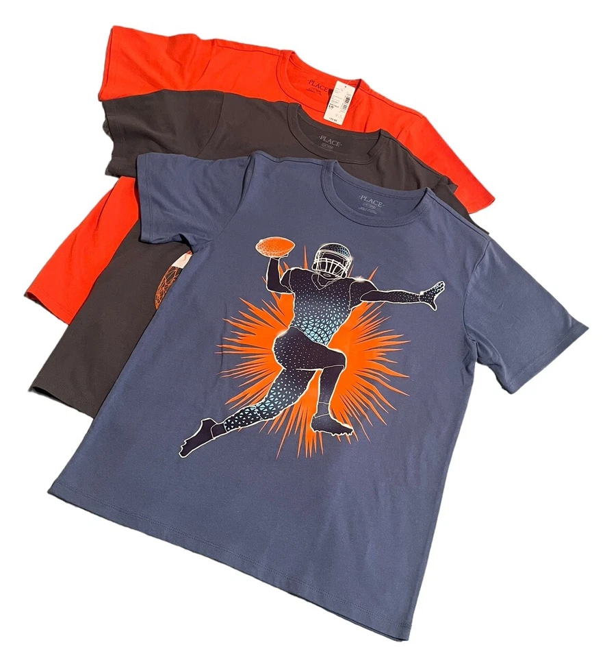 The Childrens Place 3 T Shirt Set Boys Large Football Theme Blue Gray Orange Tee - Image 1 of 4