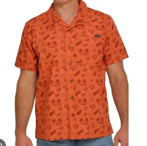 Cinch Men's Medium Burnt Orange Camp Graphic Button Down Fish Camp Outdoors - Picture 1 of 9