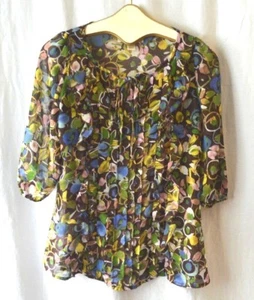 Ya Da Women's Brown/Multi Sheer Floral Print Ruffle 3/4 Sleeve Blouse Sz XS EUC - Picture 1 of 2