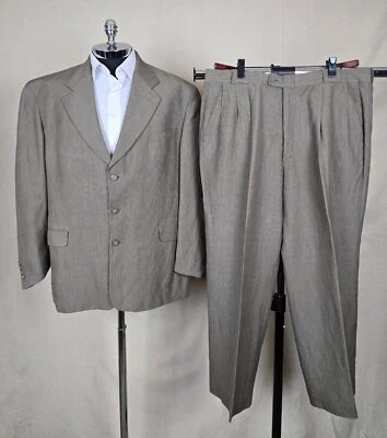 Traje a rayas sin ventilación BACHRACH / ITALIA para hombre color tostado mezcla de lino 3 botones talla 48 R Foto 1 de 4