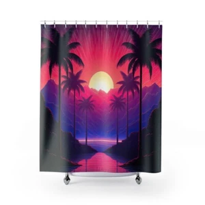 Retro Synthwave Palm Trees Shower Curtain - Vibrant and Nostalgic Bathroom Décor - Picture 1 of 5