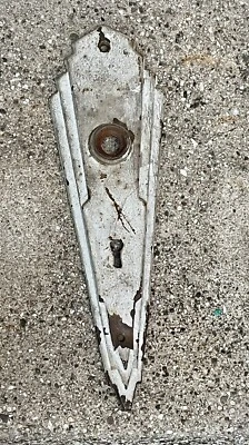Antique Iron Art Deco Entry Door Knob Back Plate 9.5” X 3” - Image 1 of 3