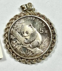 1995 China 5 Yuan Panda 1/2oz .999 Fine Silver Coin Sterling Rope Bezel Pendant - Picture 1 of 3